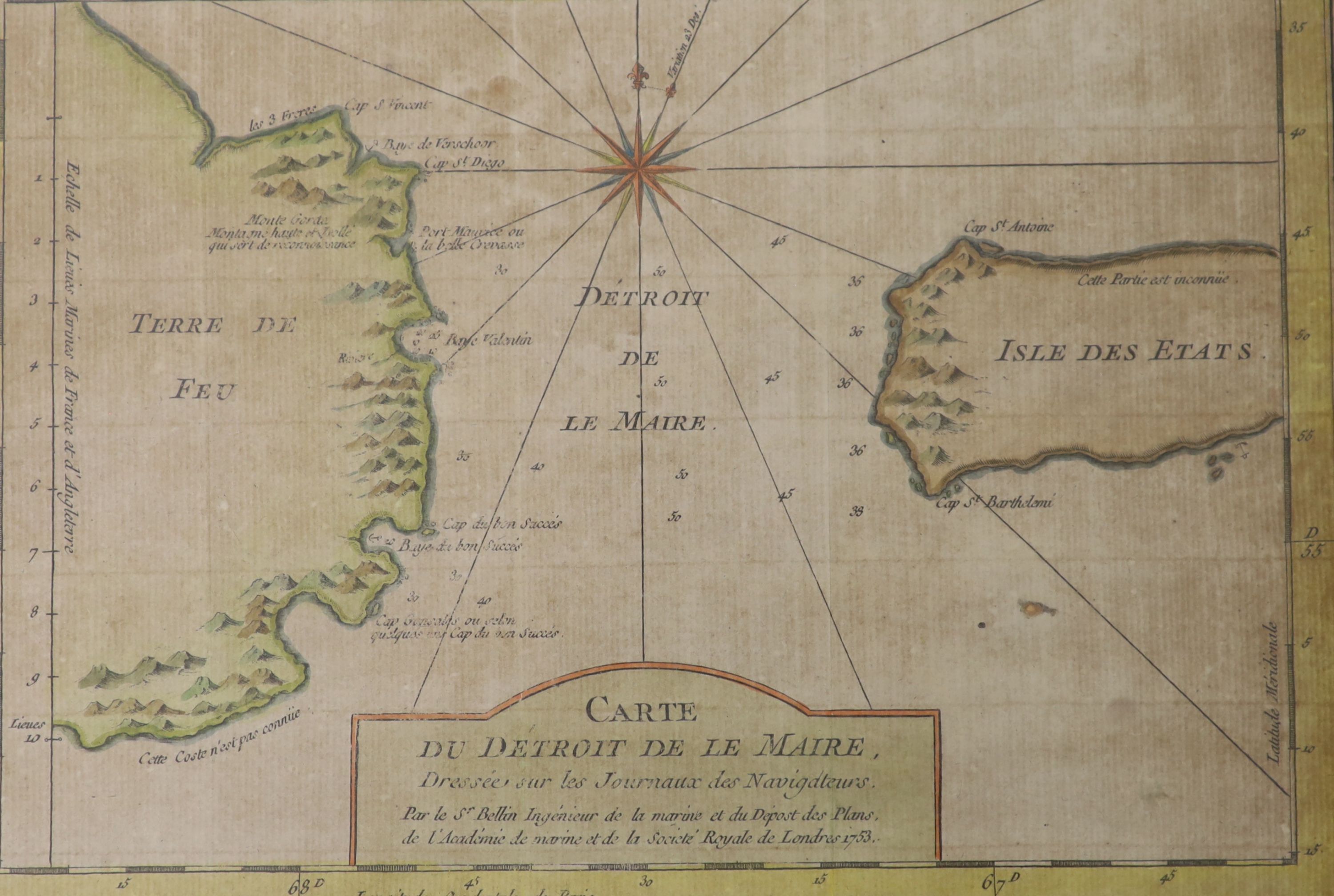 18th century French School, coloured engraving, Map of the Straits of Magellan, 19.5 x 35cm and a Map of the Strait of Maire, 21 x 28cm